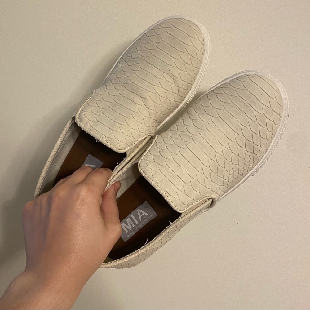 MIA cream/tan snakeskin slip-on sneakers!
